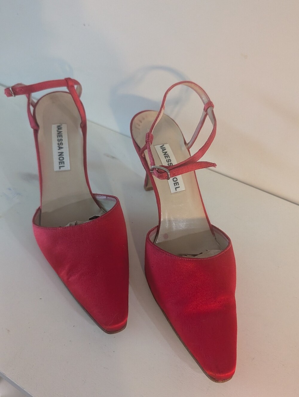 Mob Wife Women’s Red Silky Ankle Strap Pointed Toe Heels, Size 38 (US 7)